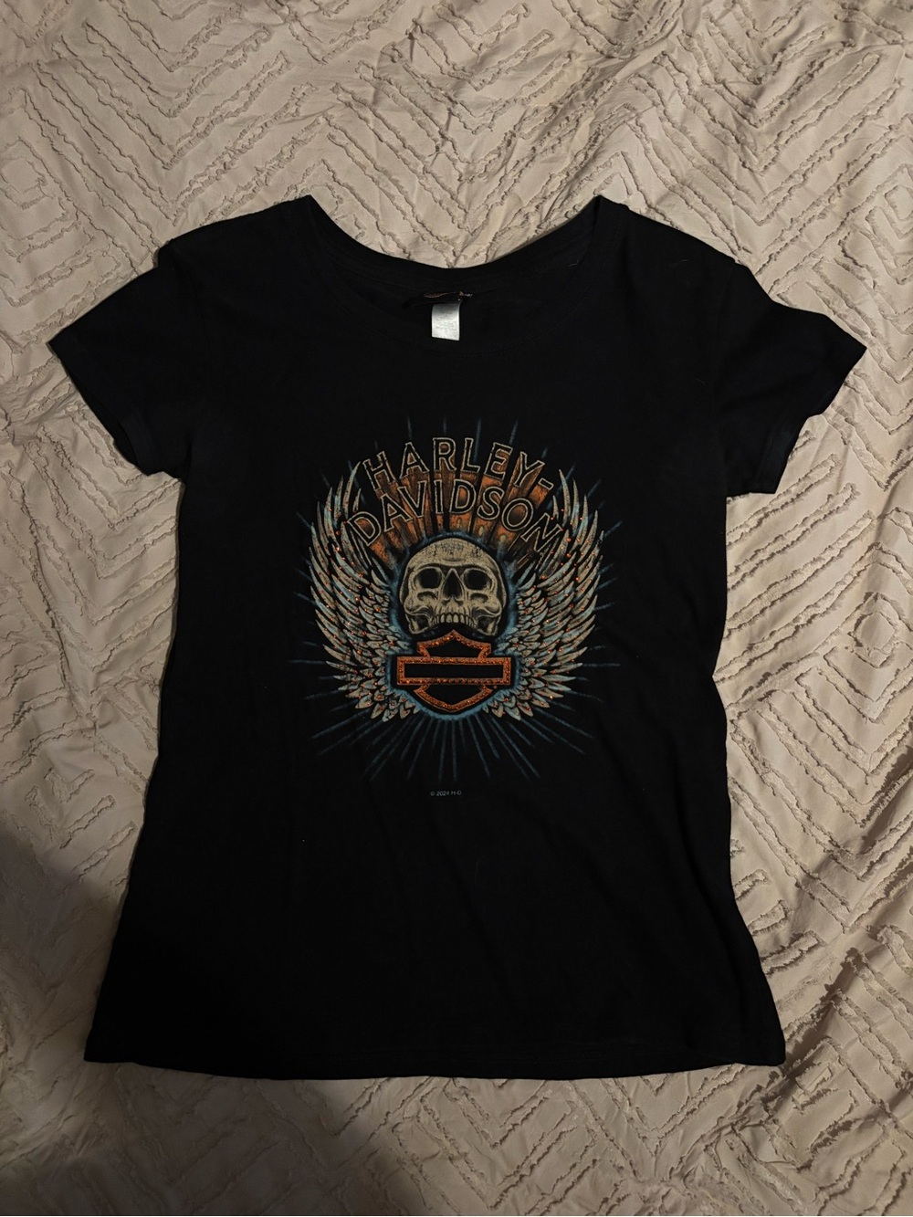 Harley-Davidson Black Women's Skull & Wing Graphic Tee with Orange Accents